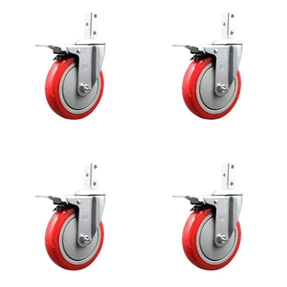 5 Inch Red Poly Wheel Swivel 3/4 Inch Square Stem Caster Set Total Lock Brake