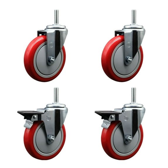 5 Inch Red Poly Wheel Swivel 5/8 Inch Threaded Stem Caster Set 2 Brakes