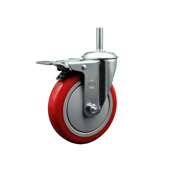 5 Inch Red Poly Wheel Swivel 5/8 Inch Threaded Stem Caster Total Lock Brake