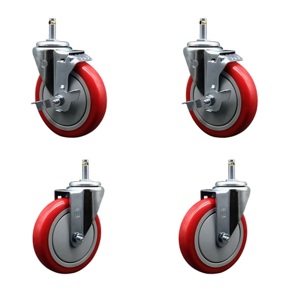 5 Inch Red Poly Wheel Swivel 7/16 Inch Grip Ring Stem Caster Set 2 Brakes
