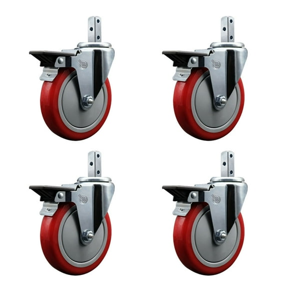 5 Inch Red Poly Wheel Swivel 7/8 Inch Square Stem Caster Set with Brake SCC