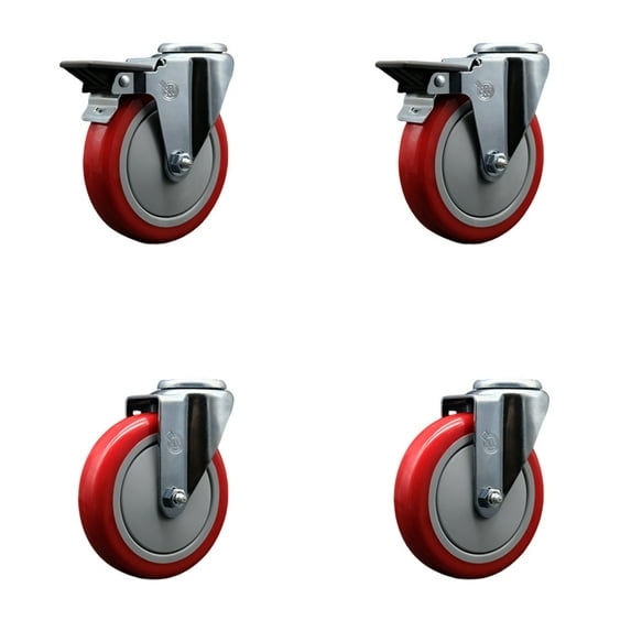 5 Inch Red Poly Wheel Swivel Bolt Hole Caster Set with 2 Posi Lock Brakes SCC