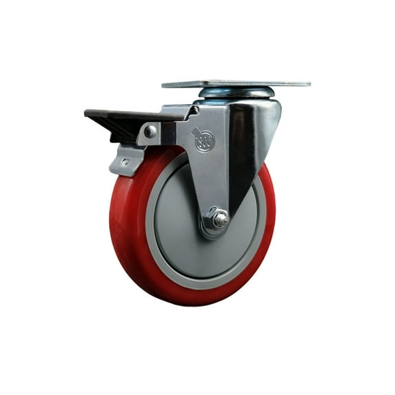 5 Inch Red Poly Wheel Swivel Top Plate Caster with Posi Brake Service Caster