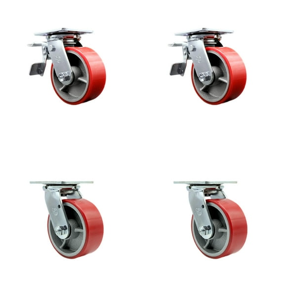 5 Inch Red Poly on Cast Iron Caster Set with Ball Bearing 2 Total Lock Brake SCC