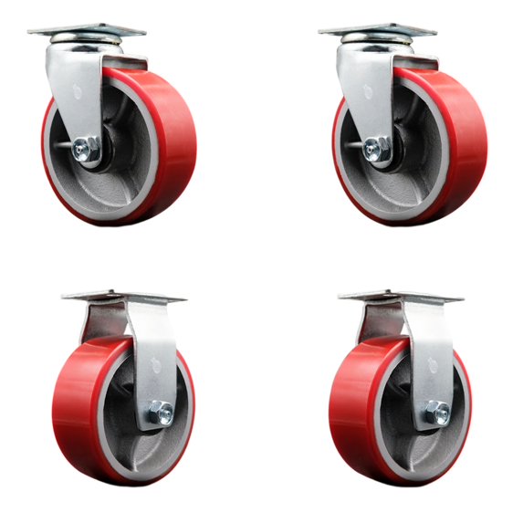 5 Inch Red Poly on Cast Iron Caster Set with Ball Bearings 2 Swivel 2 Rigid