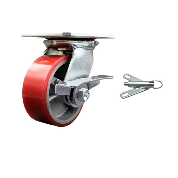 5 Inch Red Poly on Cast Iron Caster with Ball Bearing and Brake/Swivel Lock