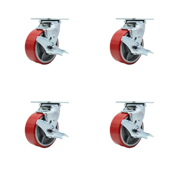 5 Inch Red Poly on Cast Iron Swivel Caster Set with Ball Bearings and Brakes SCC