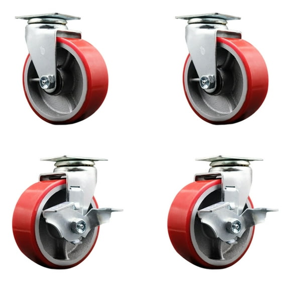 5 Inch Red Poly on Cast Iron Swivel Caster Set with Roller Bearings 2 Brakes