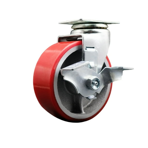 5 Inch Red Poly on Cast Iron Swivel Caster with Ball Bearing and Brake SCC