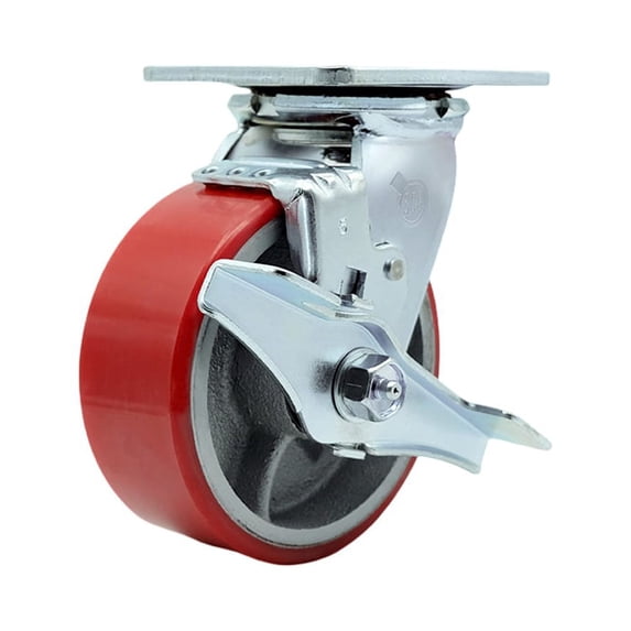 5 Inch Red Poly on Cast Iron Swivel Caster with Roller Bearing and Brake SCC