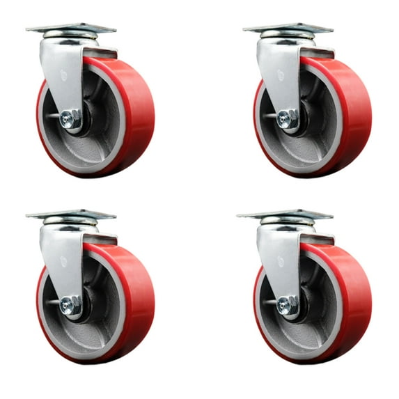 5 Inch Red Poly on Cast Iron Wheel Swivel Caster Set with Ball Bearings SCC