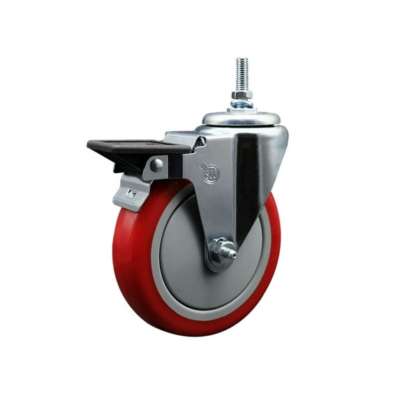 5 Inch Red Polyurethane 12MM Threaded Stem Caster with Brake