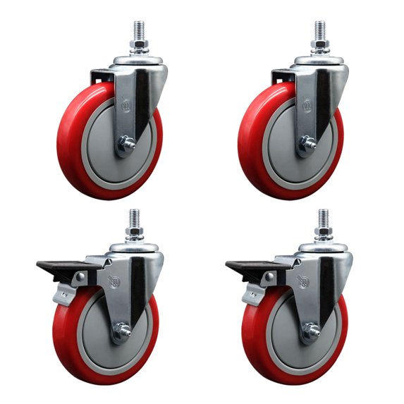 5 Inch Red Polyurethane ½ Inch Threaded Stem Caster Set 2 Brakes SCC