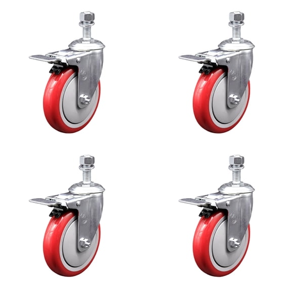5 Inch Red Polyurethane Swivel 12mm Stem Caster Set with Total Lock Brake