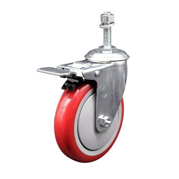 5 Inch Red Polyurethane Swivel 3/8 Inch Stem Caster with Total Lock Brake SCC