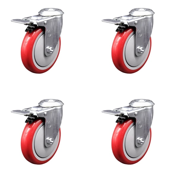 5 Inch Red Polyurethane Swivel Bolt Hole Caster Set with Total Lock Brake SCC