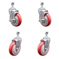 thumbnail image 1 of 5 Inch Red Polyurethane Wheel Swivel 12mm Threaded Stem Caster Set 2 Brake, 1 of 2