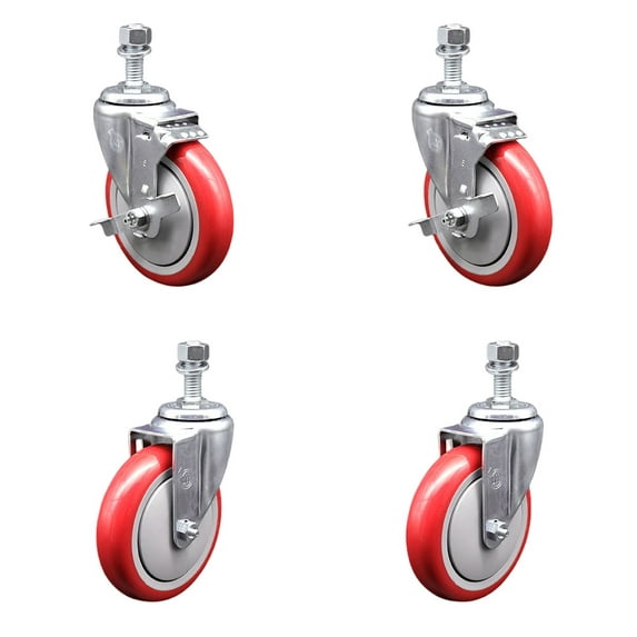 5 Inch Red Polyurethane Wheel Swivel 12mm Threaded Stem Caster Set 2 Brake
