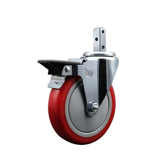 5 Inch Red Polyurethane Wheel Swivel 7/8 Inch Square Stem Caster with Brake