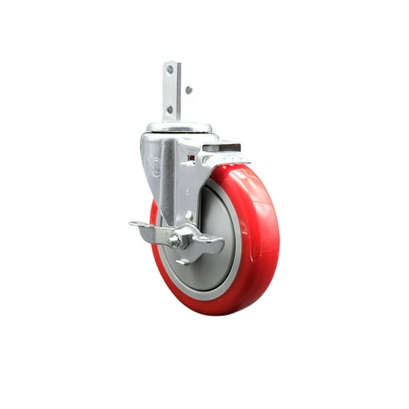 5 Inch Red Polyurethane Wheel Swivel 7/8 Inch Square Stem Caster with Brake