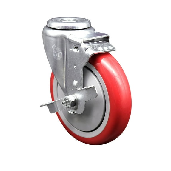5 Inch Red Polyurethane Wheel Swivel Bolt Hole Caster with Brake SCC