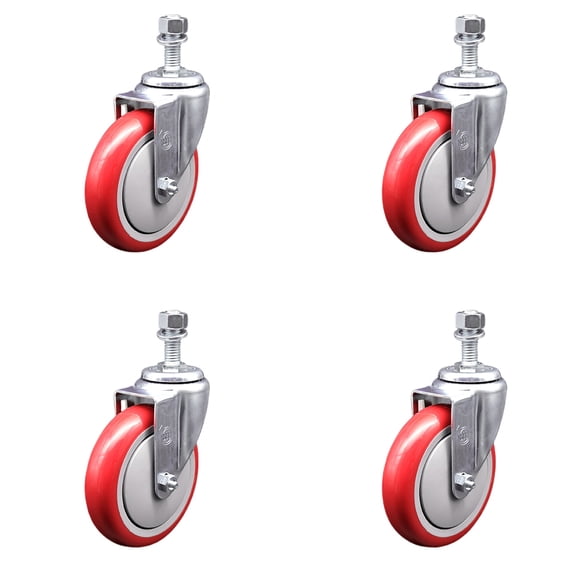 5 Inch Red Polyurethane Wheel Swivel ½ Inch Threaded Stem Caster Set SCC
