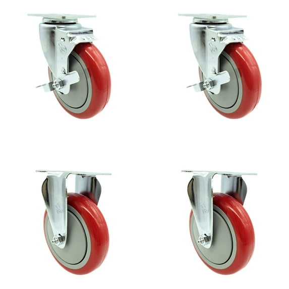 5 Inch Red Polyurethane Wheel Swivel Top Plate Caster Set with 2 Brake 2 Rigid