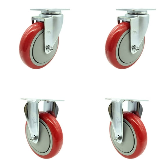 5 Inch Red Polyurethane Wheel Swivel Top Plate Caster Set with 2 Rigid SCC