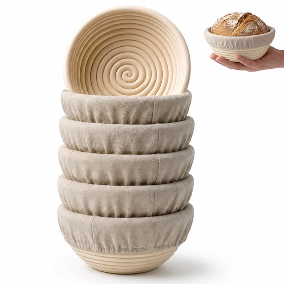 5 Inch Round Mini Banneton Bread Proofing Basket Set, 6 Pack with Linen Liners