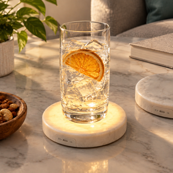 5 Inch Round Namib Bianco Marble LED Light Drink Coasters for Table Decor