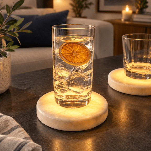5 Inch Round Namib Bianco Marble LED Light Drink Coasters with Adjustable Lighting