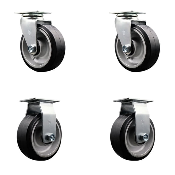 5 Inch Rubber on Aluminum Caster Set with Ball Bearings 2 Swivel 2 Rigid