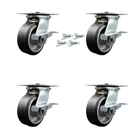 5 Inch Rubber on Aluminum Caster Set with Ball Bearings and Brakes/Swivel Locks
