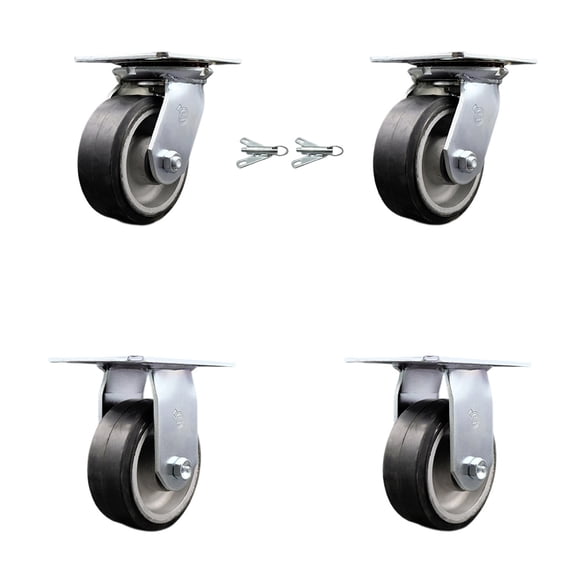5 Inch Rubber on Aluminum Caster Set with Roller Bearing 2 Swivel Lock 2 Rigid