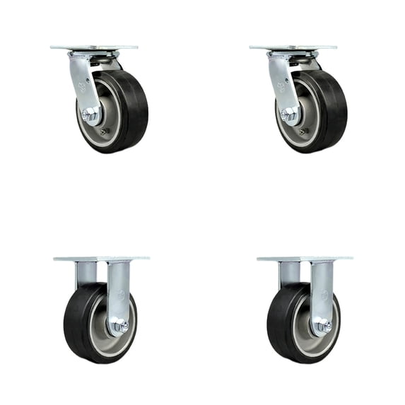 5 Inch Rubber on Aluminum Caster Set with Roller Bearings 2 Swivel Lock 2 Rigid