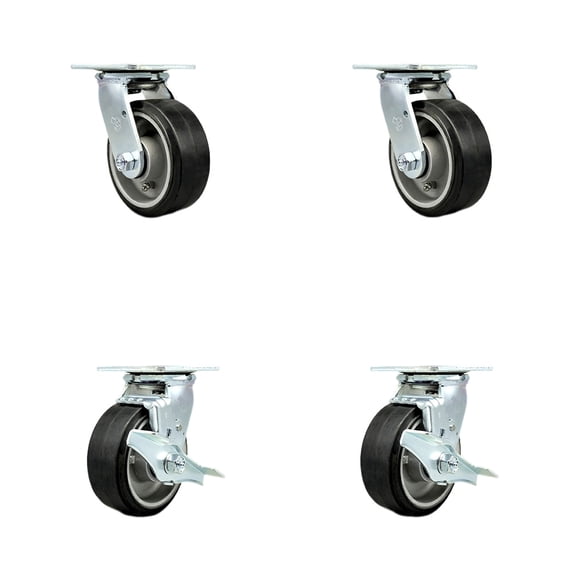 5 Inch Rubber on Aluminum Swivel Caster Set with Roller Bearing 2 Brake SCC