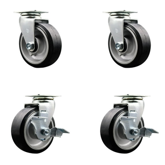 5 Inch Rubber on Aluminum Swivel Caster Set with Roller Bearings 2 Brakes