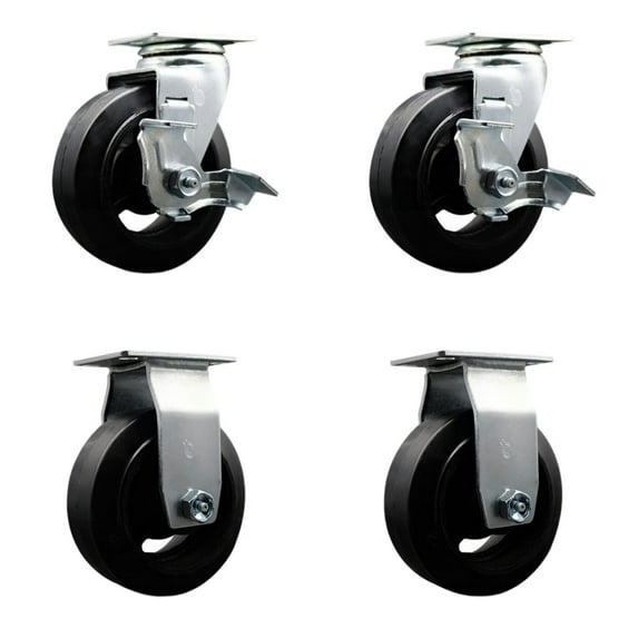 5 Inch Rubber on Cast Iron Caster Set with Ball Bearings 2 Brakes 2 Rigid