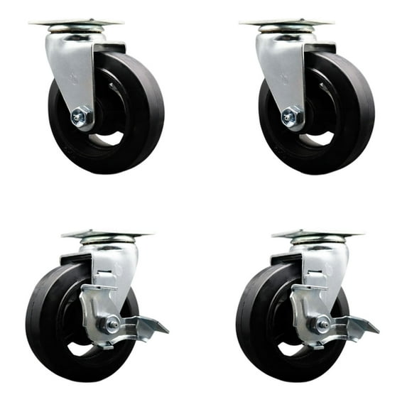 5 Inch Rubber on Cast Iron Swivel Caster Set with Ball Bearings 2 Brakes