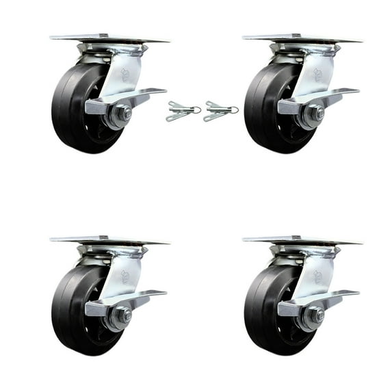 5 Inch Rubber on Steel Caster Set with Ball Bearing 4 Brake and 2 Swivel Lock