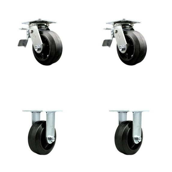5 Inch Rubber on Steel Caster Set with Roller Bearings 2 Brakes 2 Rigid SCC