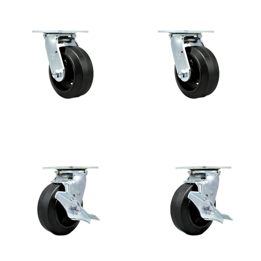 5 Inch Rubber on Steel Swivel Caster Set with Roller Bearing 2 Brake ...