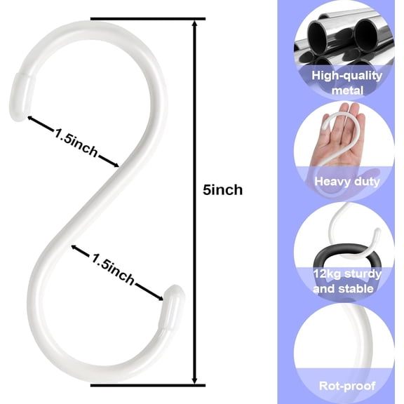 5 Inch S Hooks for Closet, Large S Hooks for Hanging Jeans, 12 Pack White Vinyl Coated S Hook, Non Slip Closet and Kitchen Heavy Duty S Hook for Hanging Plants, Jewelry, Pot, Pan, Cups