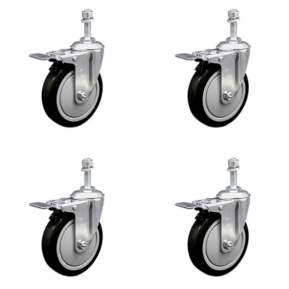 5 Inch SS Black Polyurethane 3/8 Inch Threaded Stem Caster Set Total Lock Brake