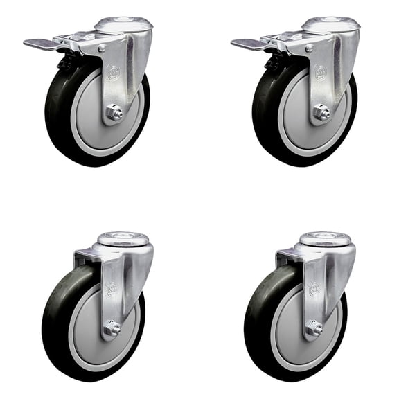 5 Inch SS Black Polyurethane Swivel Bolt Hole Caster Set with 2 Total Lock Brake