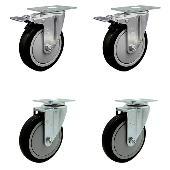 5 Inch SS Black Polyurethane Top Plate Caster Set 2 Total Lock Brakes SCC