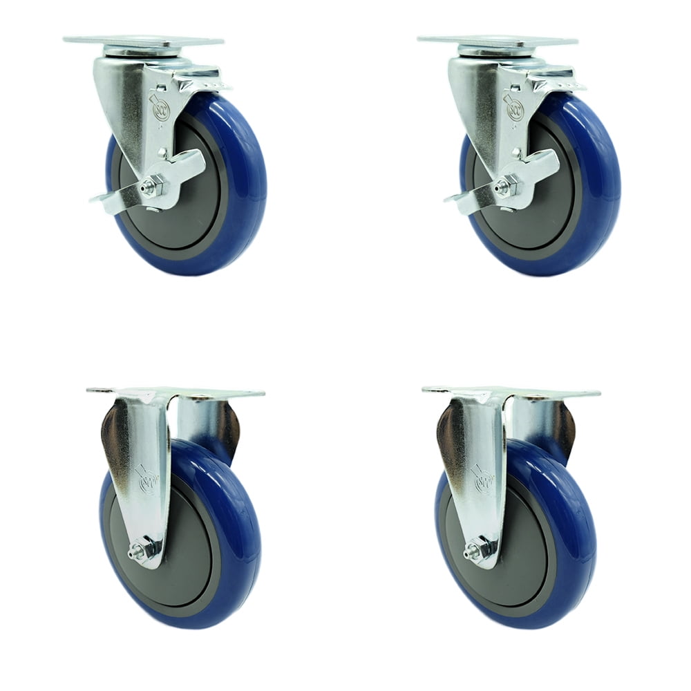 5 Inch SS Blue Polyurethane Top Plate Caster Set with 2 Brake 2 Rigid ...