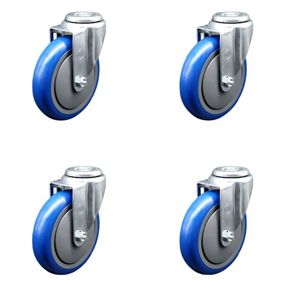5 Inch SS Blue Polyurethane Wheel Swivel Bolt Hole Caster Set Service Caster
