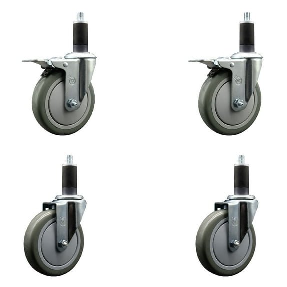 5 Inch SS Gray Poly Swivel 1-1/4 Inch Expanding Stem Caster Set 2 Brakes