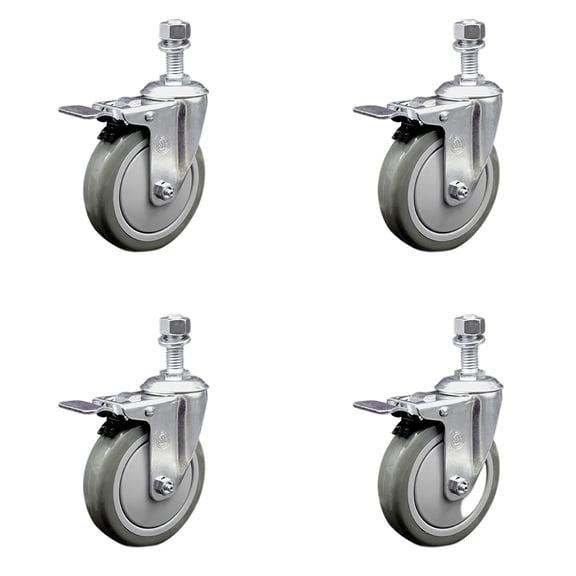 5 Inch SS Gray Polyurethane ½ Inch Threaded Stem Caster Set Total Lock Brake